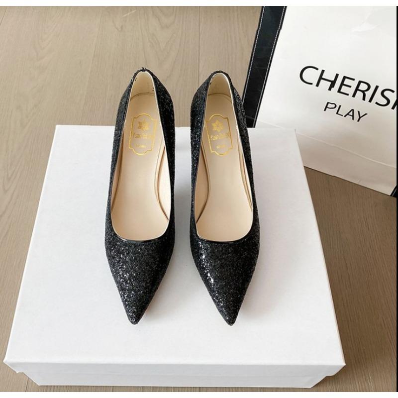 Fashion 2025Fine Heel Glass Shoes Spring New Pointy Head Shallow Mouth Glitter Set Foot Non-slip Wear Not Tired Foot Single Shoes