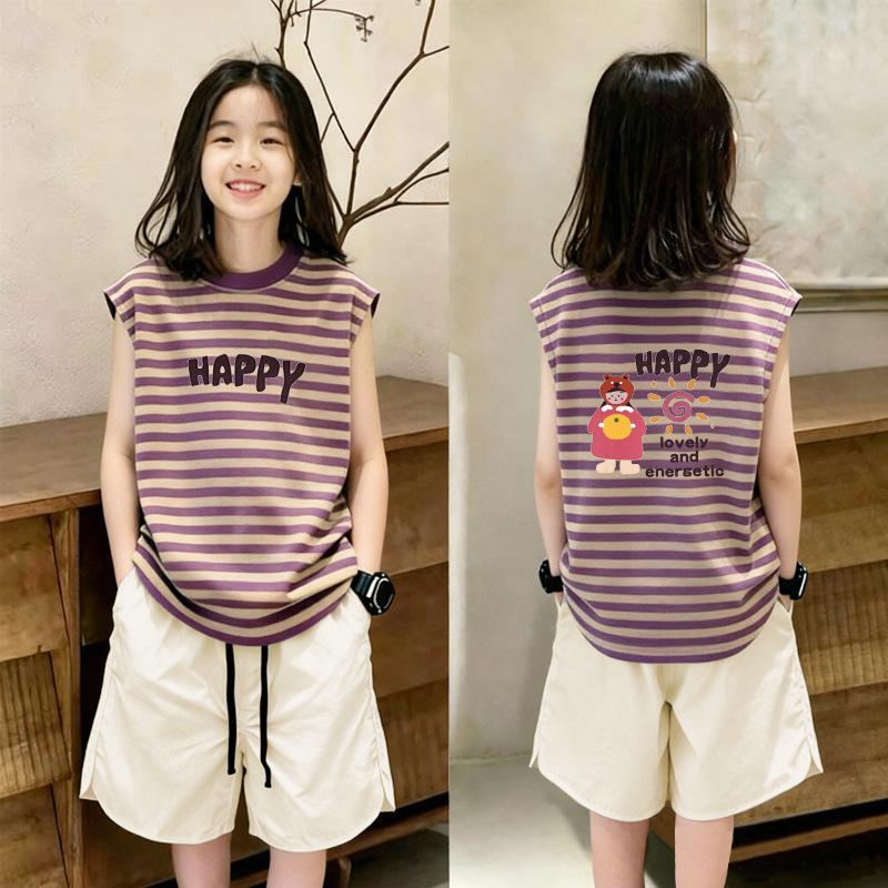 Girls' Trendy Stripe Patchwork Vest Set - Summer Sleeveless Two-Piece for Medium & Large Children