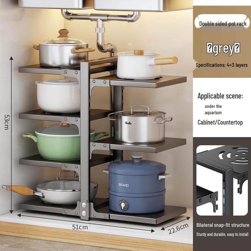 Estante de almacenamiento de ollas y utensilios de cocina de múltiples capas para cocina, organizador de encimera bajo el fregadero, diseño de doble cara
