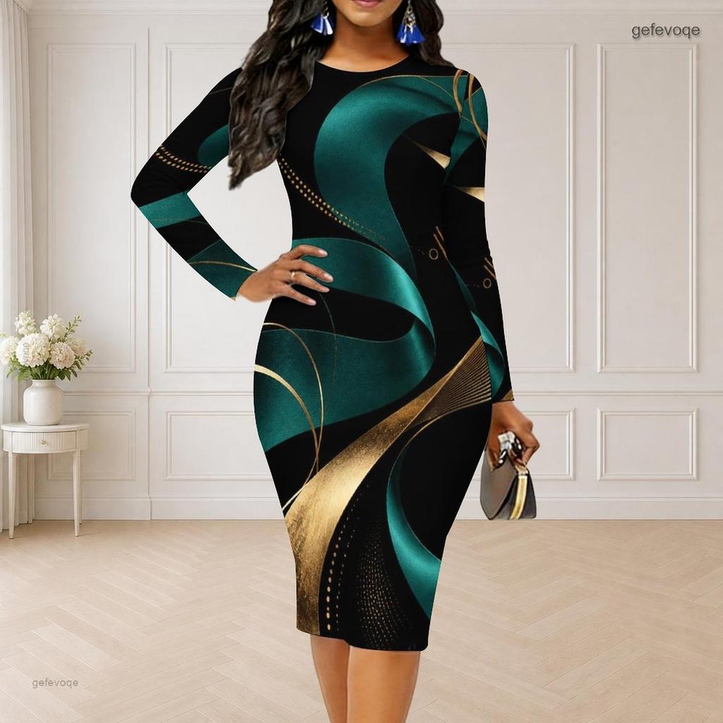 Women Plus Size Round Neck Long Sleeve Printed Bodycon Midi Dress