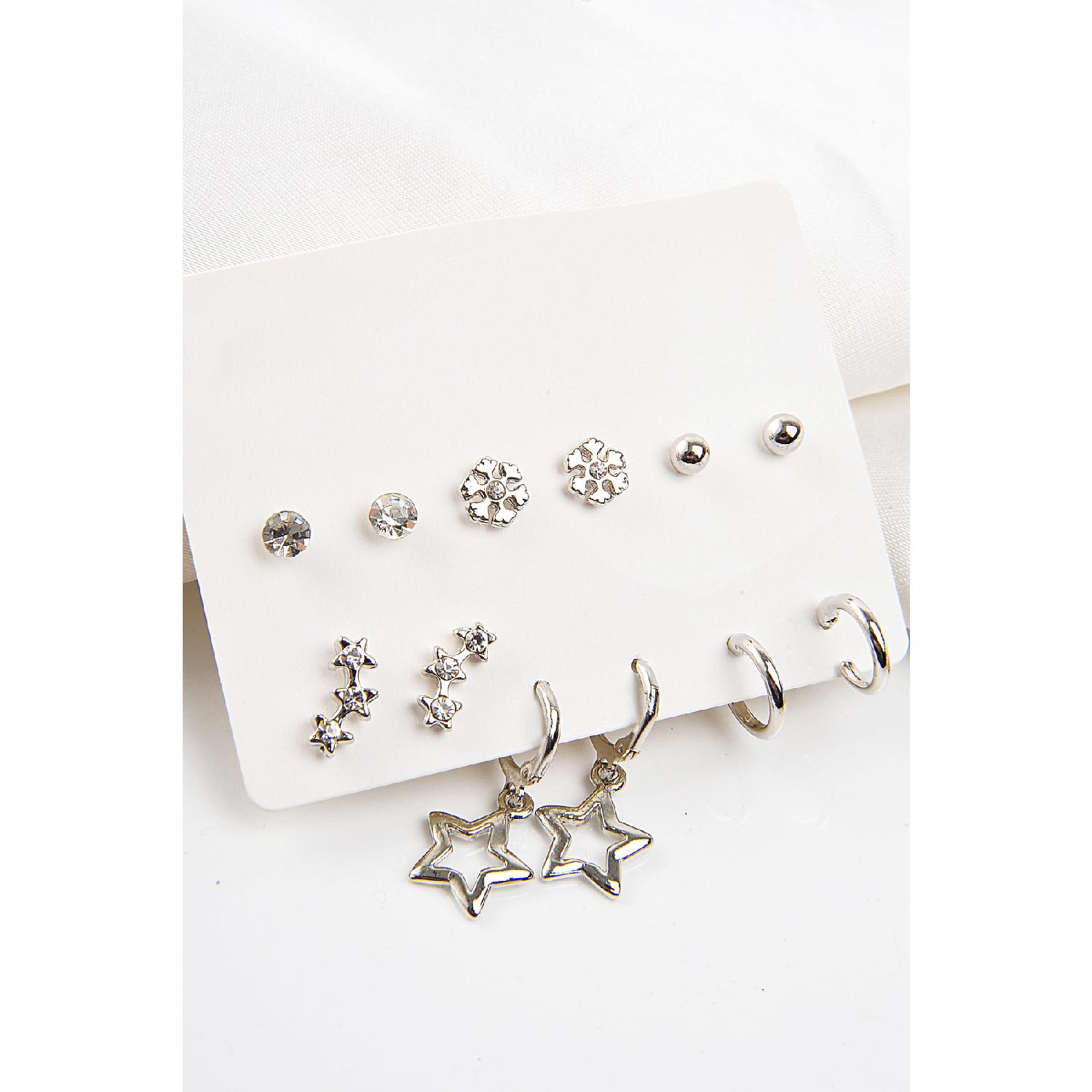 

Набор серег унисекс Star Design Snowflake серебряного цвета с рядами звезд из 12 штук