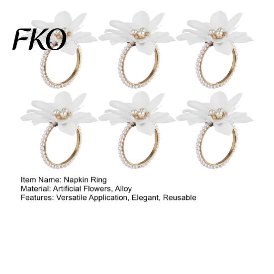 Serviettenring 6 Stück Weiße Lotusringe, Chiffonblumen Metallhalter, Weicher Stoff Perlen-Dinnerringe für Hochzeit Junggesellinnenabschied Tisch