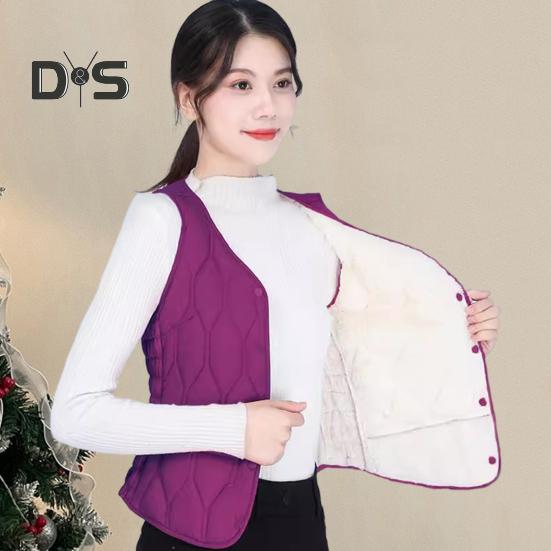 Wintermantel für Damen, Lagenlook, dünn, gepolstert, Knopfverschluss, V-Ausschnitt, ärmellos, einfarbig, winddicht, wärmespeichernd, Outdoor-Daunenmantel