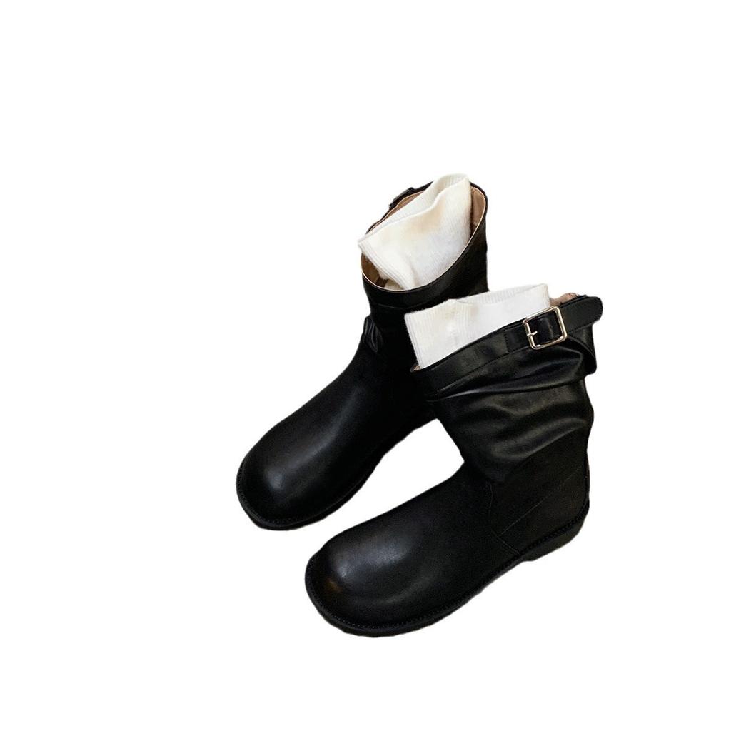Korean Round Head Pleated Suede Thick Heel Thick Bottom Piled Low-top Short Boots Women's 2025 New Belt Buckle Martin Boots