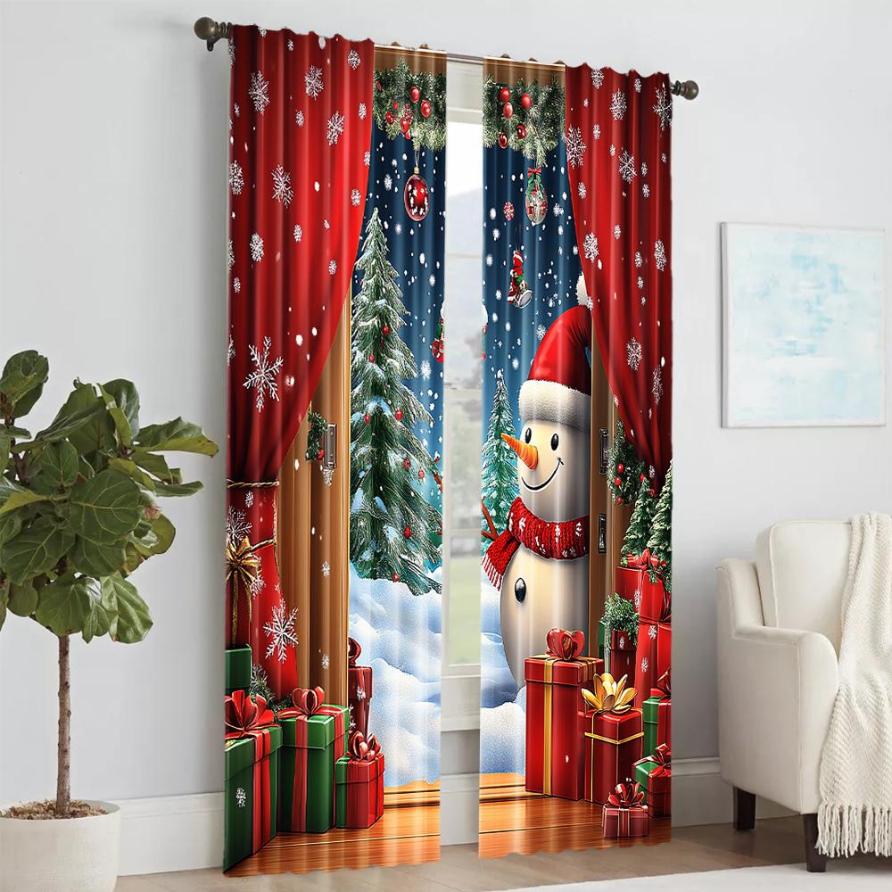 2 stuks Kerst Raamgordijn Sneeuwpop Kerstboom Designs Met Sneeuwvlokken Tunnelzak Polyester Materiaal Voor Woonkamer Keuken