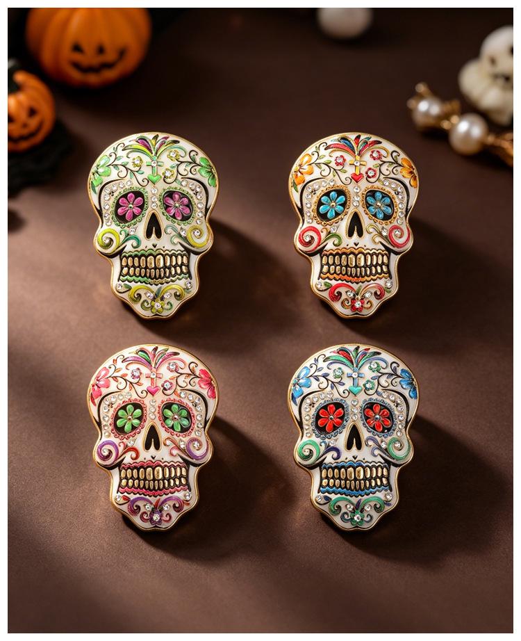 Fully Environmentally Friendly Alloy Day of The Dead Diamond Skull Brooch Mexican Style Painted Brooch Halloween