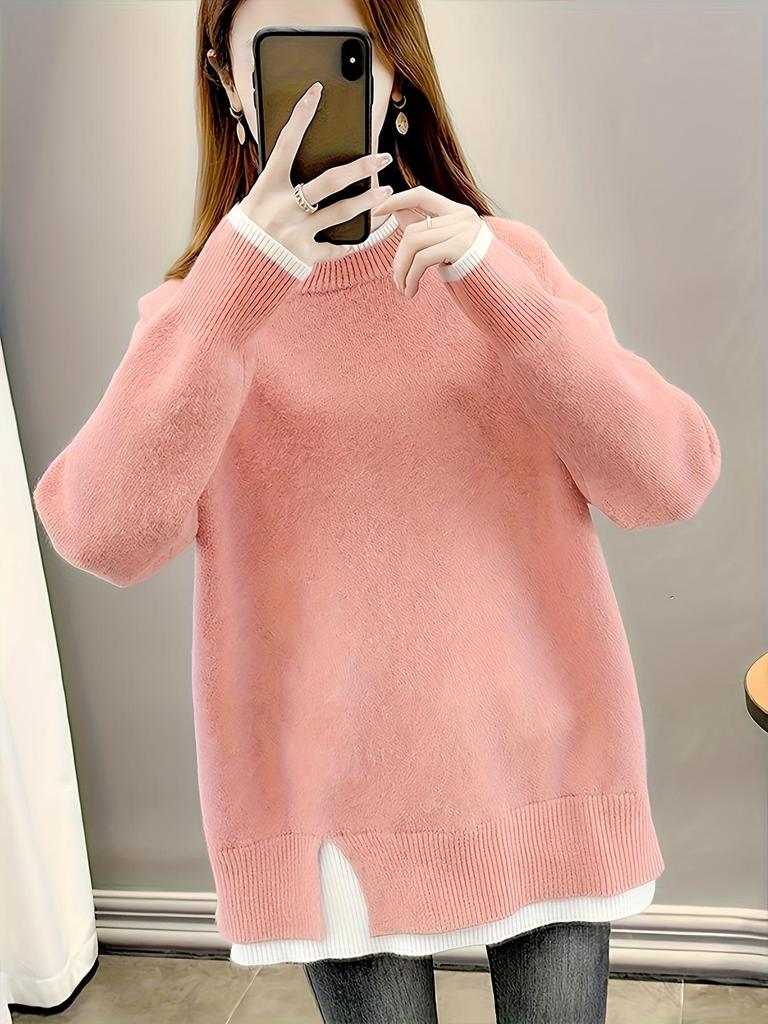 2025 Autumn/Winter Women's Thick Knit Fake Two-Piece Loose Pullover Sweater