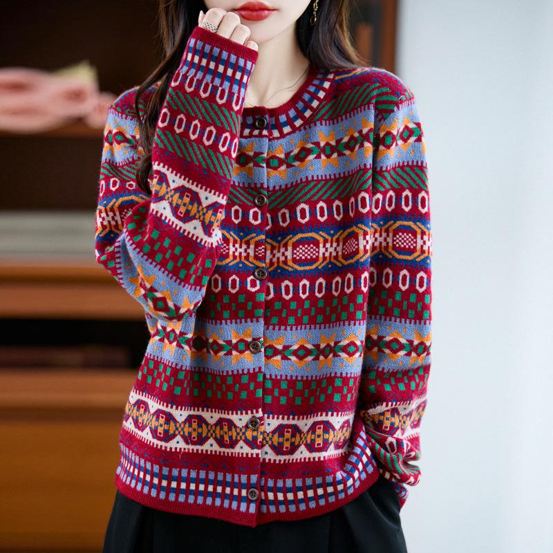 2025 Autumn/Winter Women's Loose Ethnic Style Raccoon Fur & Wool Knit Cardigan with Color Block and Round Neck, Long Sleeves