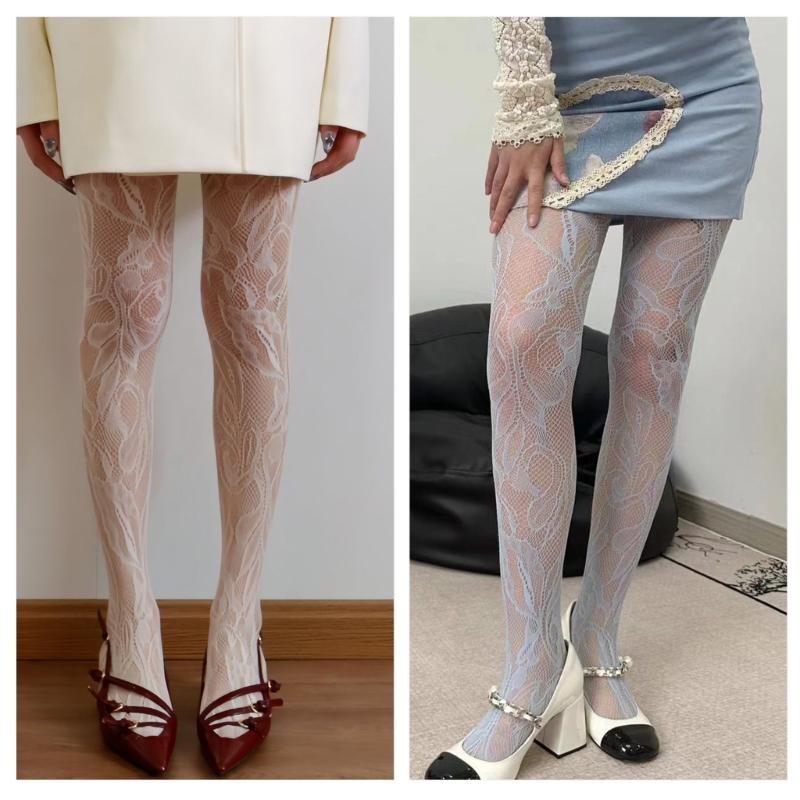 Women See Through Fishnet Mesh Pantyhose Stockings Aesthetic Elegant Hollowed Out Plant Flower Patterned Tights Leggings