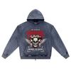 DTG Print Knitted Denim Zip-Up Hoodie Streetwear Motorcycle Brother Print Zipper Hoodies  