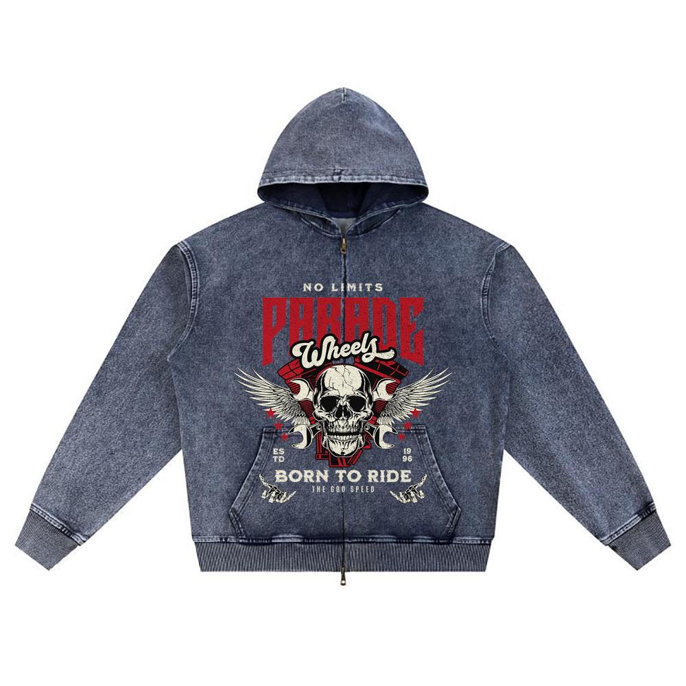 DTG Print Knitted Denim Zip-Up Hoodie Streetwear Motorcycle Brother Print Zipper Hoodies  