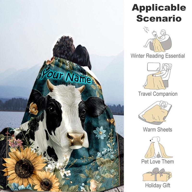 1PC Custom Name Cow Portrait Flowers Flannel Blanket Versatile,all-season Throw Suitable for the Living Room,bedroom,camping,travel,and Gift