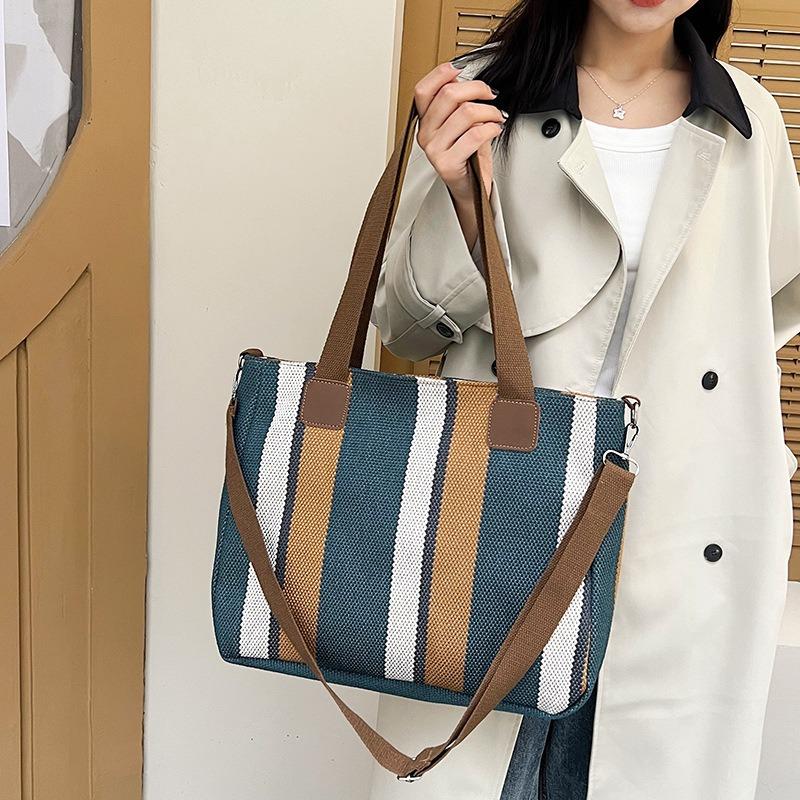 Canvas Bag Striped Tote Bag New Women's Bag Sweet Contrasting Color Handbag Crossbody Bag Large Capacity
