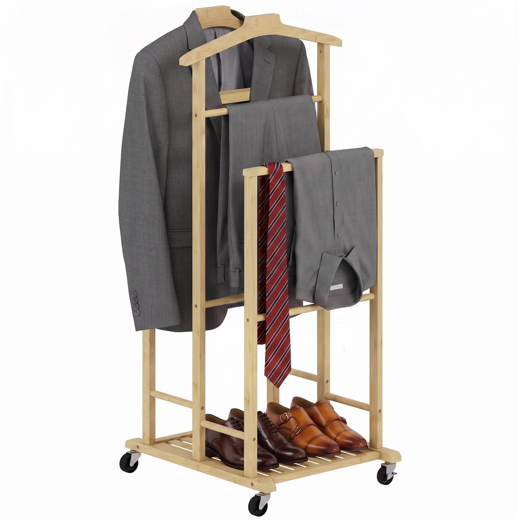 Bamboo Clothes Rack on Wheels, Compact, with Hangers, Hanging Rails, Shelf and Bottom Shelf, Oak Look