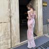 French Floral Print Dress, Spring/Summer 2026 – Elegant, Waist-Cinching, Slim-Fitting, Long Skirt.