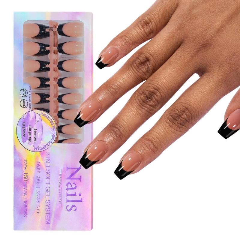 

Gel Nail Tips Colored Press On Nails 150Pcs 3 in 1 X Coat Tips Pre-applied Tip Primer,Base Coat One-Step False Nail