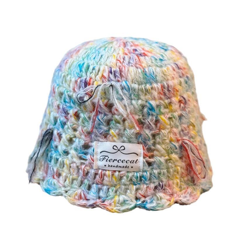 New Colorful Knitted Pullover Hat Women's Autumn and Winter Japanese Sweet and Versatile Bow Warm Woolen Hat