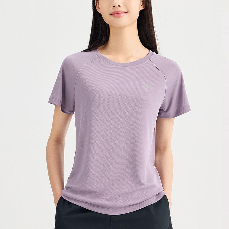 Anta Training Series Letter Logo Print Lightweight Moisture-Wicking Breathable Short Sleeve Raglan T-Shirt Women Tops Silk-Gray-Purple 962427103-2