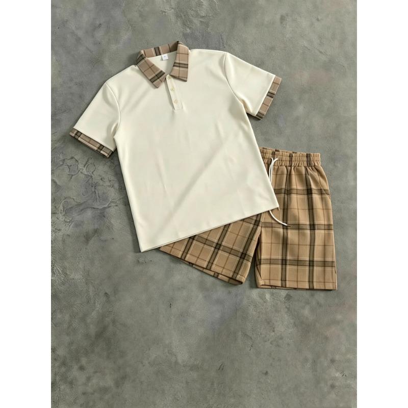 Men Casual Plaid Short Sleeve Polo Shirt And Shorts Outdoor Sports Set