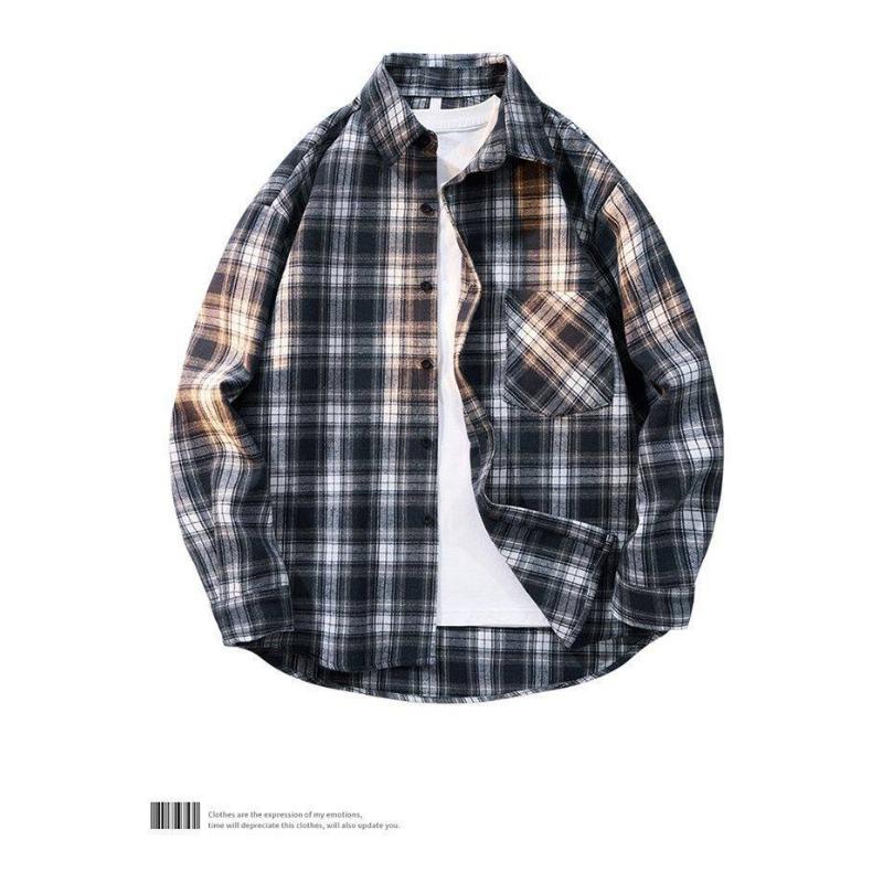 Men S Hong Kong Style Plaid Long Sleeve Casual Shirt Plus Size