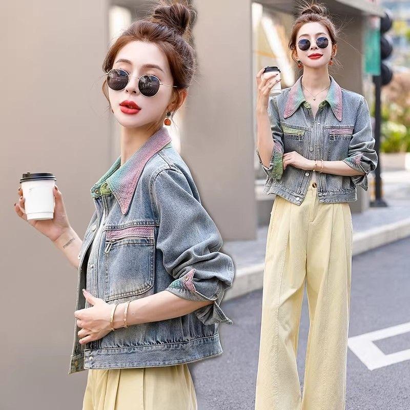 Spring Colorful Short Denim Jacket Women Vintage Hong Kong Style Motorcycle Coat Workwear Collar