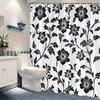 1 Elegant black and white floral shower curtain with stylized flowers and leaves, with hooks, machine washable polyester