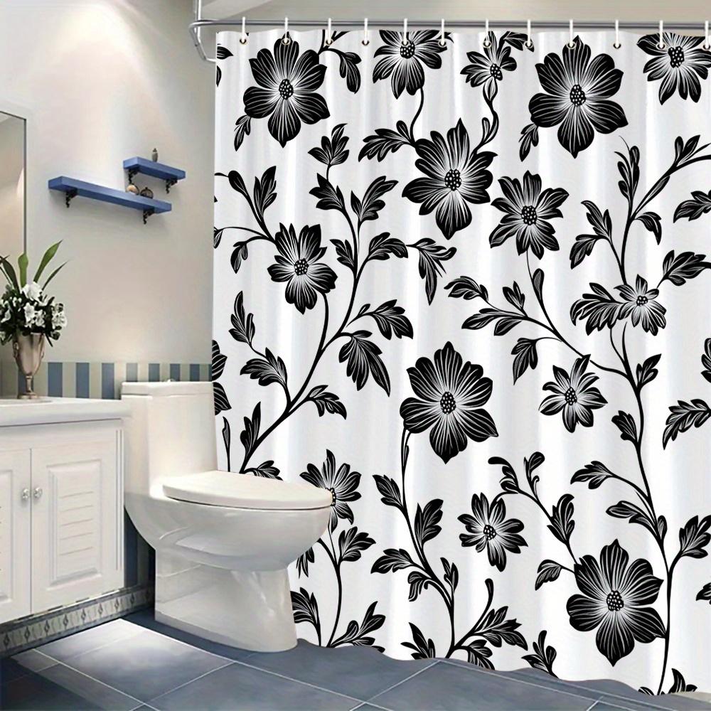1 Elegant black and white floral shower curtain with stylized flowers and leaves, with hooks, machine washable polyester
