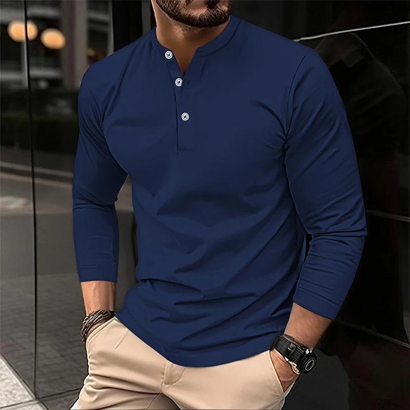 Polyester Fabric Fashionful Casual Outdoor Men's Long Sleeve 3-Button T-Shirt with Solid Color Design Basic Style Comfortable