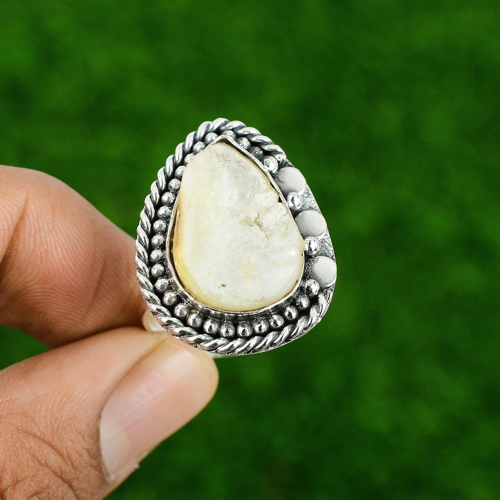 Mothers day Deal Mother Of Pearl Stone Ethnic Stackable Ring 925 Sterling Silver