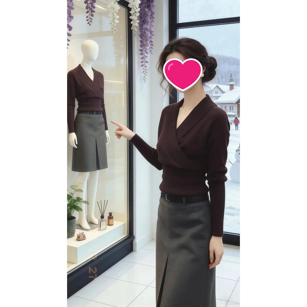 

2026 Spring/Autumn Chic V-Neck Knit Top & High-Waist Skirt for Women XL (115-125 lbs)