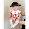 Bodysuit Popular com Gola Lapela para Bebê Menina Macacão de Verão Fofo com Bordado de Coelho Estampado Manga Curta 0-18M