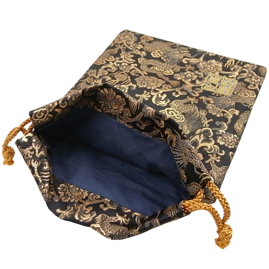 Senshishuin Nishijin Brocade Drawstring Bag Black and Gold Dragon Medium Size (Lined) Design,