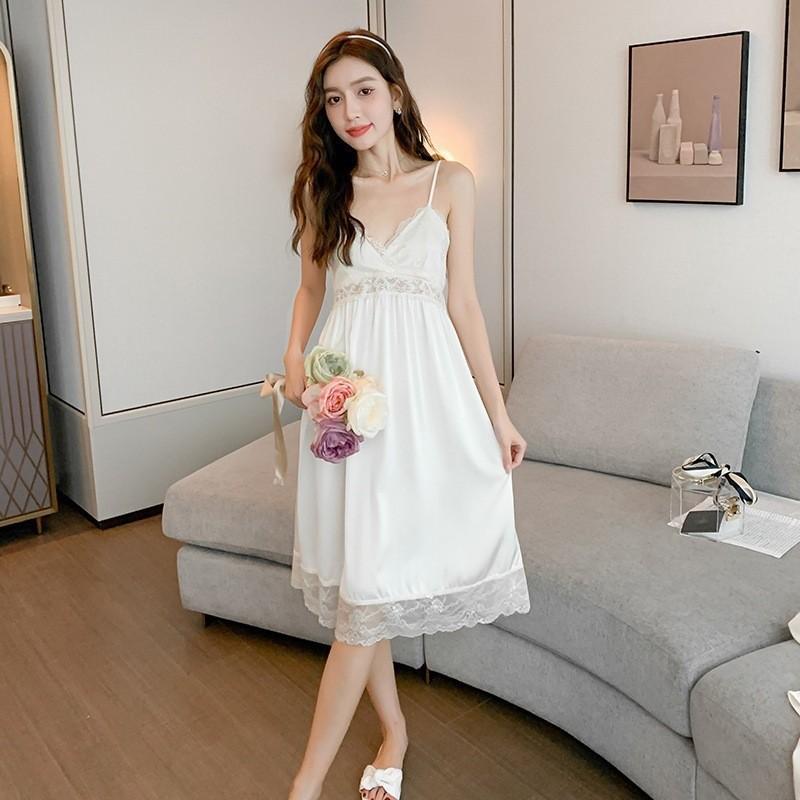 White Moonlight Sexy Pajamas Women's Ice Ribbon Chest Pad Lace Princess Style French Court Suspender Pajamas Two-piece Set