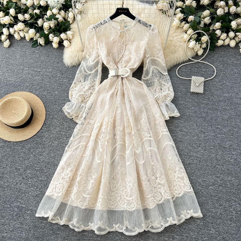 

French style Elegant Dress Women Spring High-Grade Heavy Embroidery Mesh Waist Hugging Slimming Puffy Fairy Long Skirt Apricot L