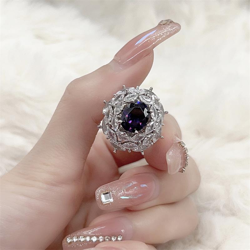 Women's Gemstone Zircon Ring: Purple, Full Diamond Inlay, Colorfast, High-End, Ultra Shiny for Live Broadcast