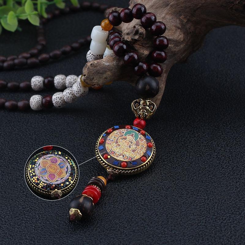 Handmade Nepal Buddhist Mala Bead Pendant Necklace Ethnic Wooden Jewelry Gifts for Women