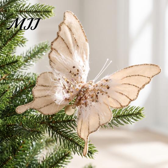 Lightweight Plastic Butterfly Ornaments Velvet Christmas Ornaments, Artificial Glitter Sequins Xmas Tree Decorations Decoration for Holiday