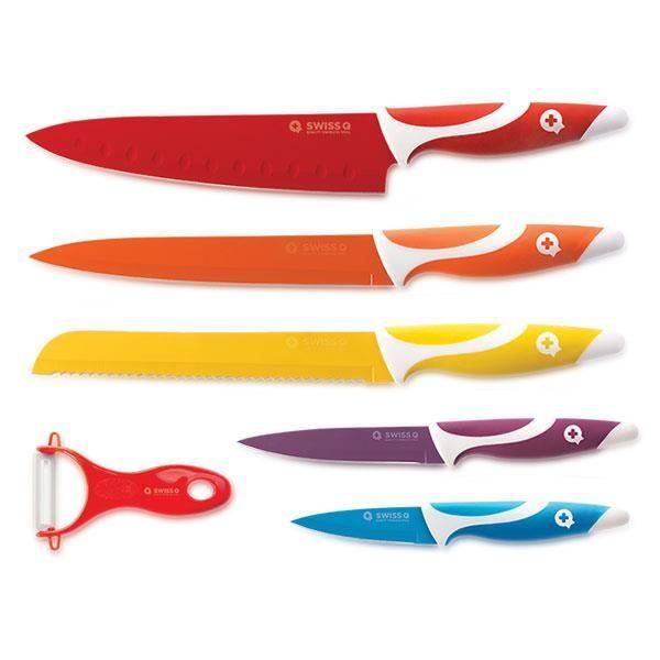 SHOP-STORY - SWISS Q CERAMIC : Set of 5 Stainless Steel Kitchen Knives Coated with Ceramic with Peeler