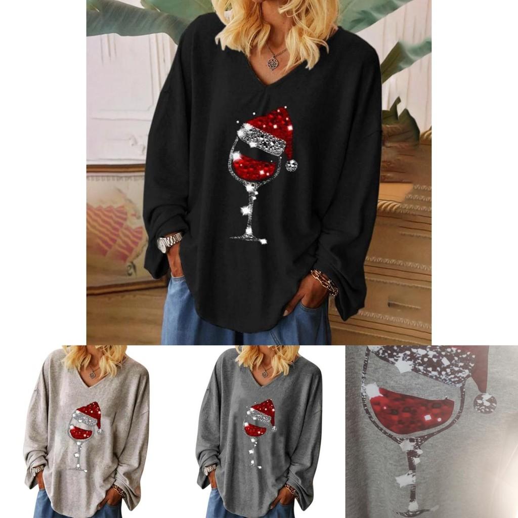 Stilvolles Damen Weihnachts-Weinglas T-Shirt V-Ausschnitt Langarm Bluse Tops