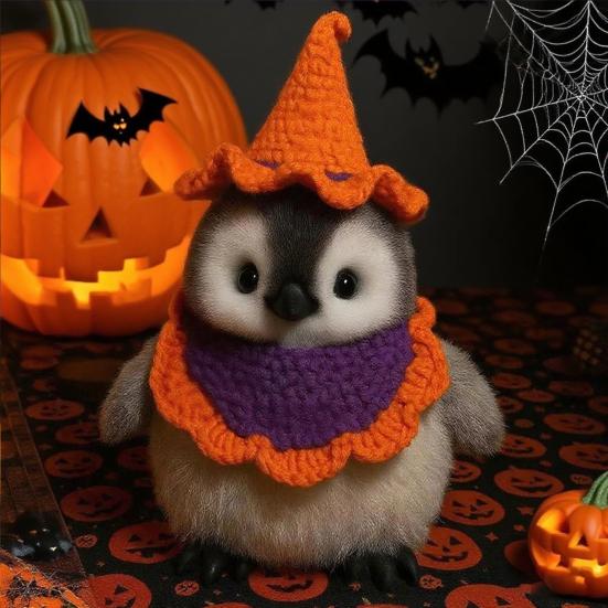 Halloween Penguin Doll 10" Penguin Plush Doll Toy with Knitted Witch Hat Small Stuffed Animal Desktop Decoration Gifts for Kids Boys Girls