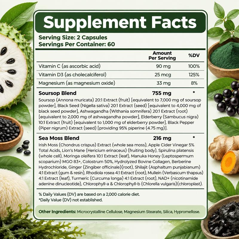 24-in-1 Supplement, featuring a blend of Shilajit, Graviola, Sea Moss, Lion’s Mane, and Ashwagandha – For Adults