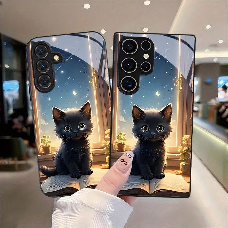Schwarzes Katzenmuster Glas Handyhülle geeignet für Samsung Galaxy S26 S25 S24 S23 S22 S20 FE/Ultra/Plus staubdicht und stoßfest
