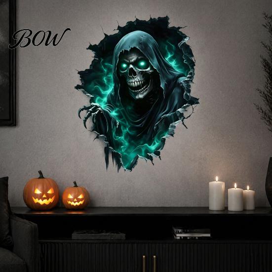 Decorative Wall Film Halloween Theme Sticker, Horror Skull Decal, Waterproof Self-adhesive Glowing Stickers Art, for Home Living Room Bedroom