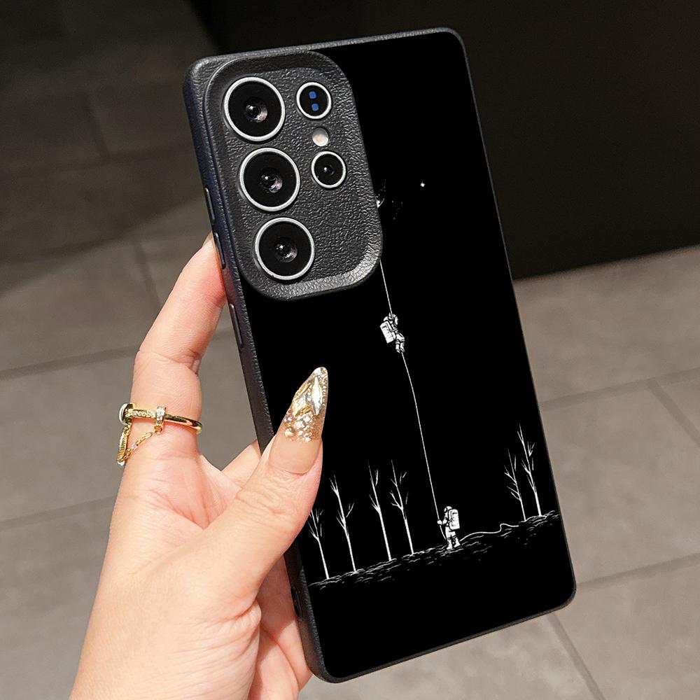 Samsung A07 Xiaomi Redmi 14C for iPhone 17 Pro Max Infinix Realme Phone Cases Soft Brown Leather Pattern TPU Case NY47 Art Space Astronaut Skate Moon