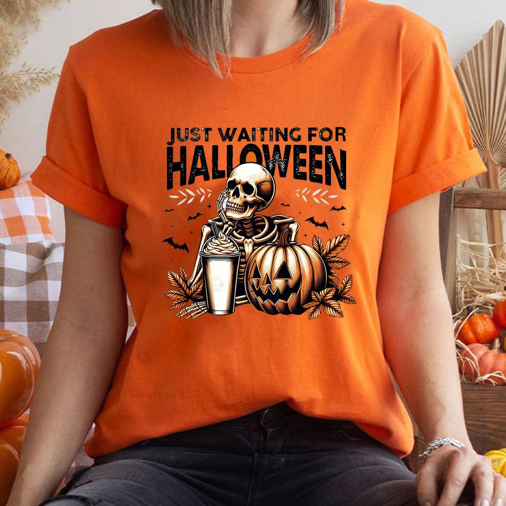 JUST WAITING FOR HALIOWEEN Halloween T Shirts PumpkinCandyBonesSkeletonfunny Halloween Costume Cotton Shirt Graphic T Shirts