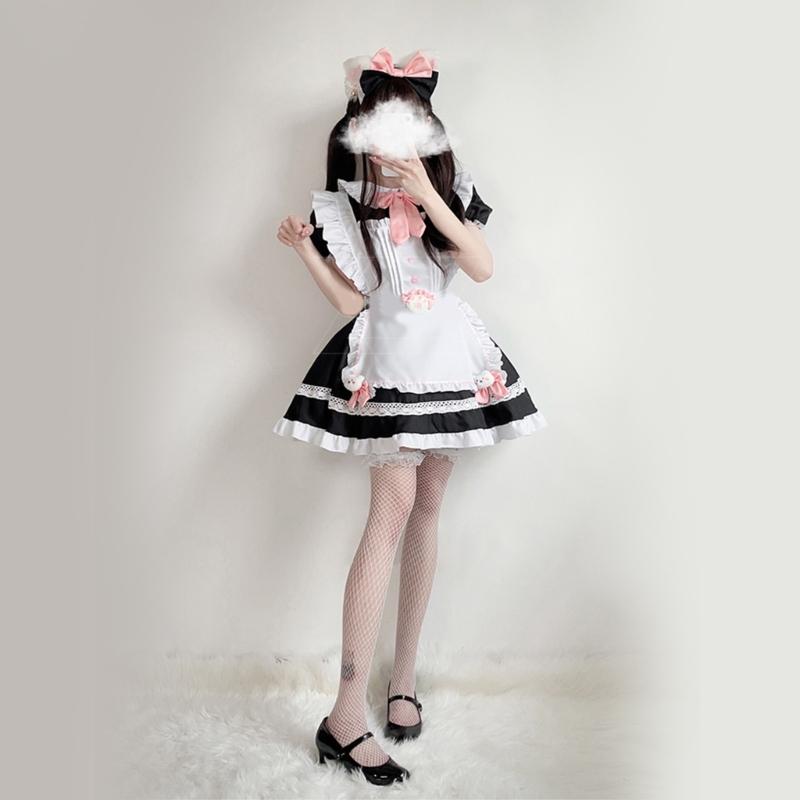 Sweet Maid Outfit Women Anime Maid Costume Fancy Dress Cosplays Costume Maid Dress with Sock Headwear Apron Bustel