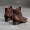 Johnature Pointed Toe Pumps Breathable Hollow Boot Genuine Leather Retro Mid Heel Women's Shoes