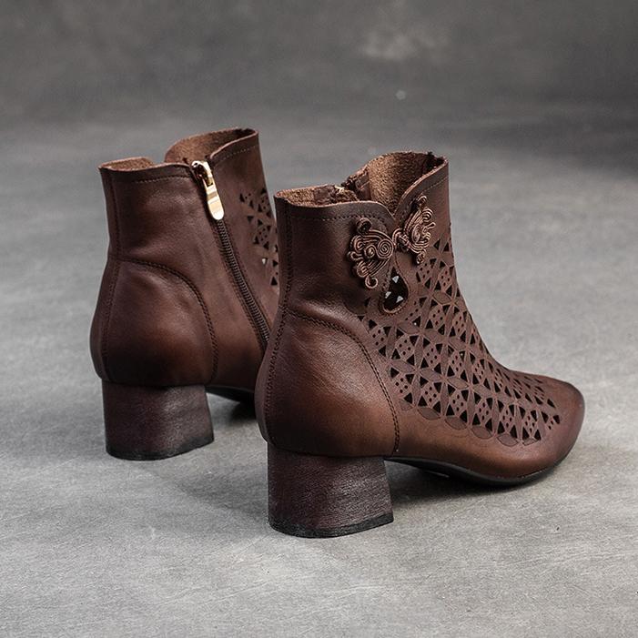 Johnature Pointed Toe Pumps Breathable Hollow Boot Genuine Leather Retro Mid Heel Women's Shoes