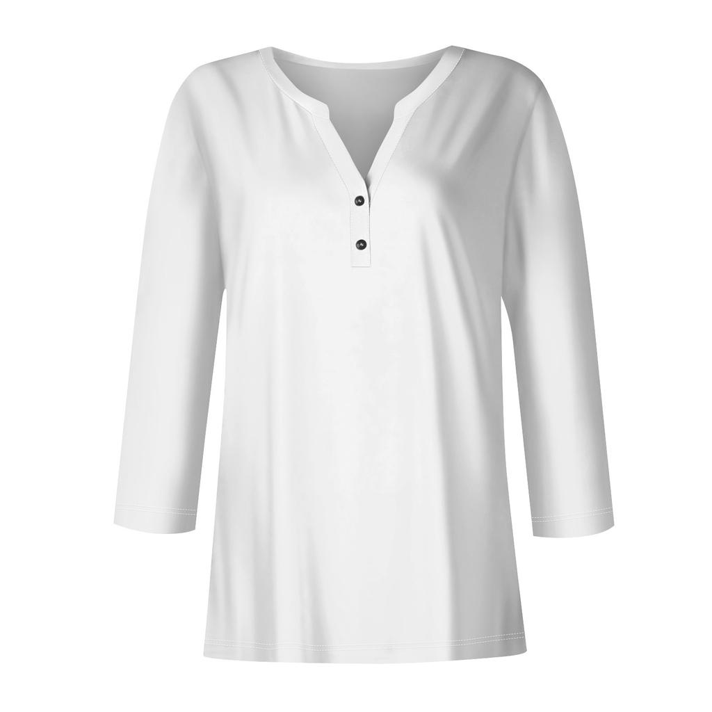 Women's Button Neck Tops Women's Casual Everyday Tops 3/4 Sleeve V Neck Fashion Print Shirt Tops Pocket Tee Sweatshirts