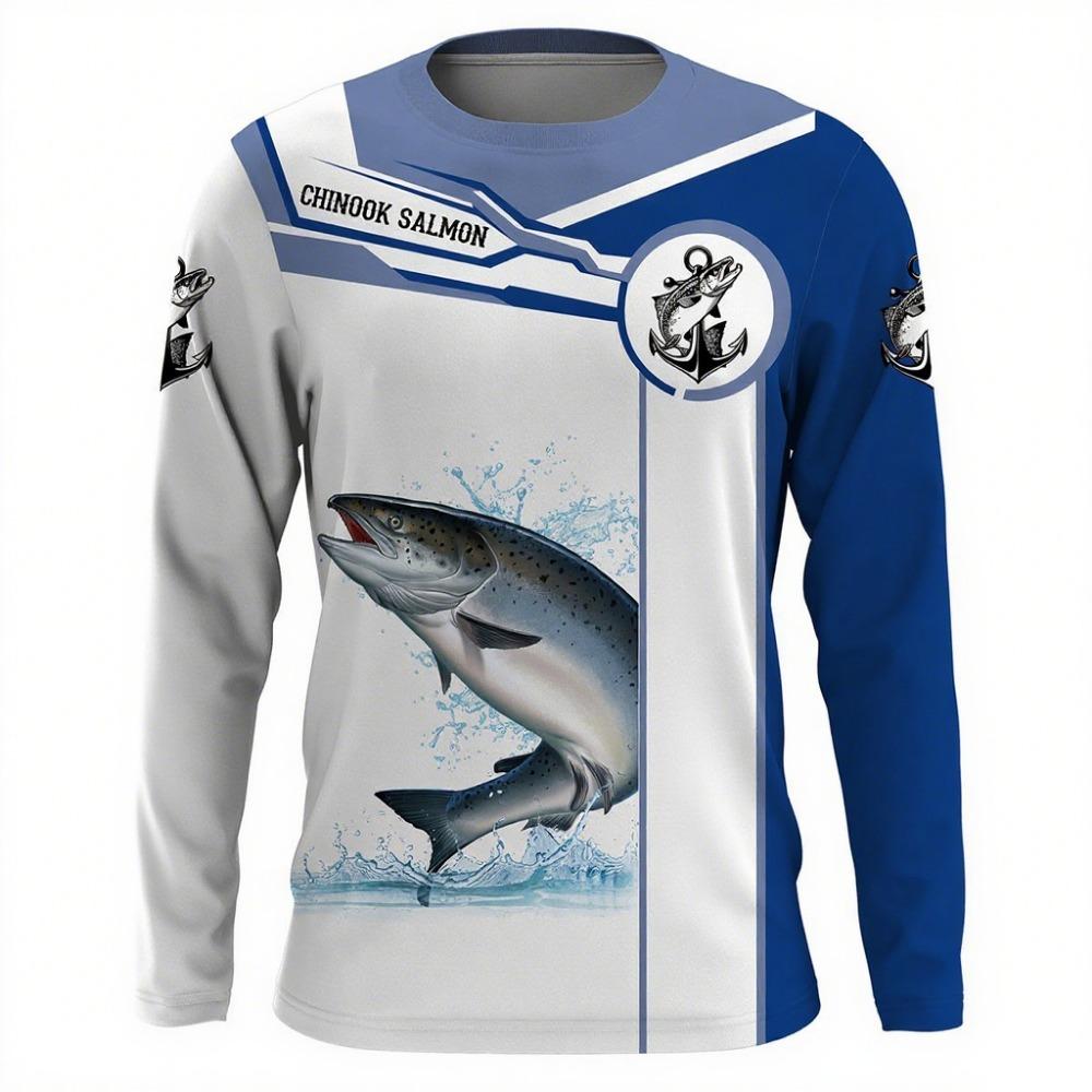 Men's Outdoor Fishing Long Sleeve T-shirts Fish Print Round Neck tshirt Summer Casual Loose Top Oversized Fishing Clothes